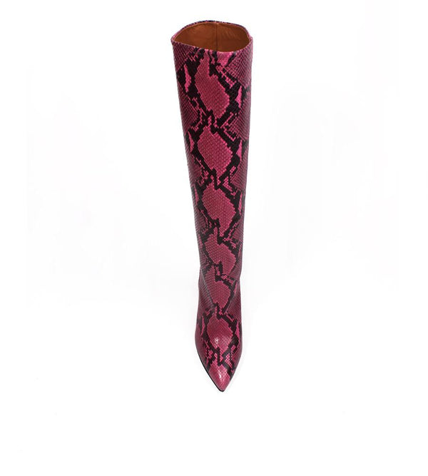 Fuschia Python Print Block Heel Boot