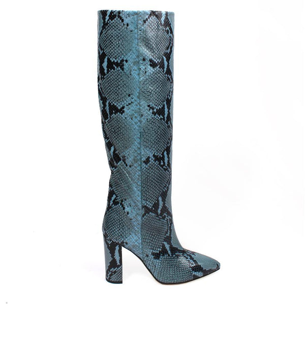 Blue Python Print Block Heel Boot