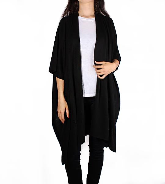 Cashmere Long Open Poncho - Black