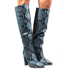 Blue Python Print Block Heel Boot